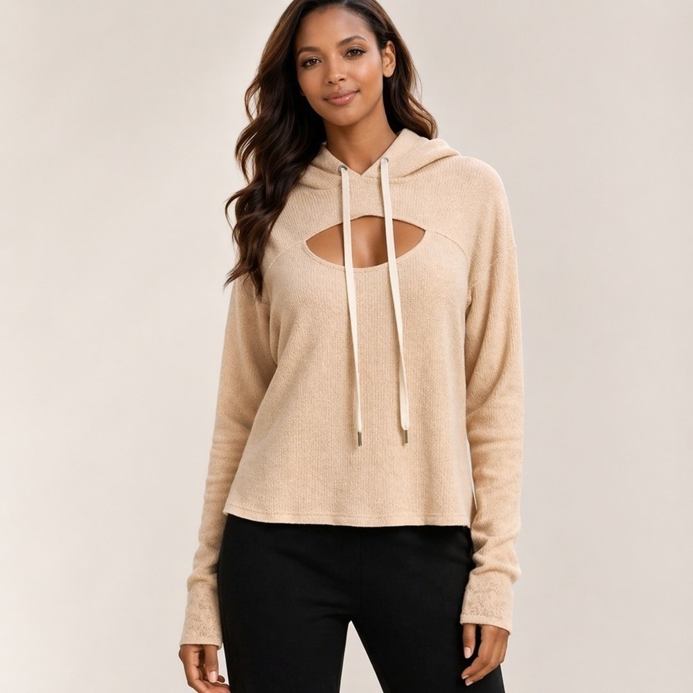 n:PHILANTHROPY NEW Blaire Waffle Knit Cutout Hooded Sweatshirt SZ Medium Neutral